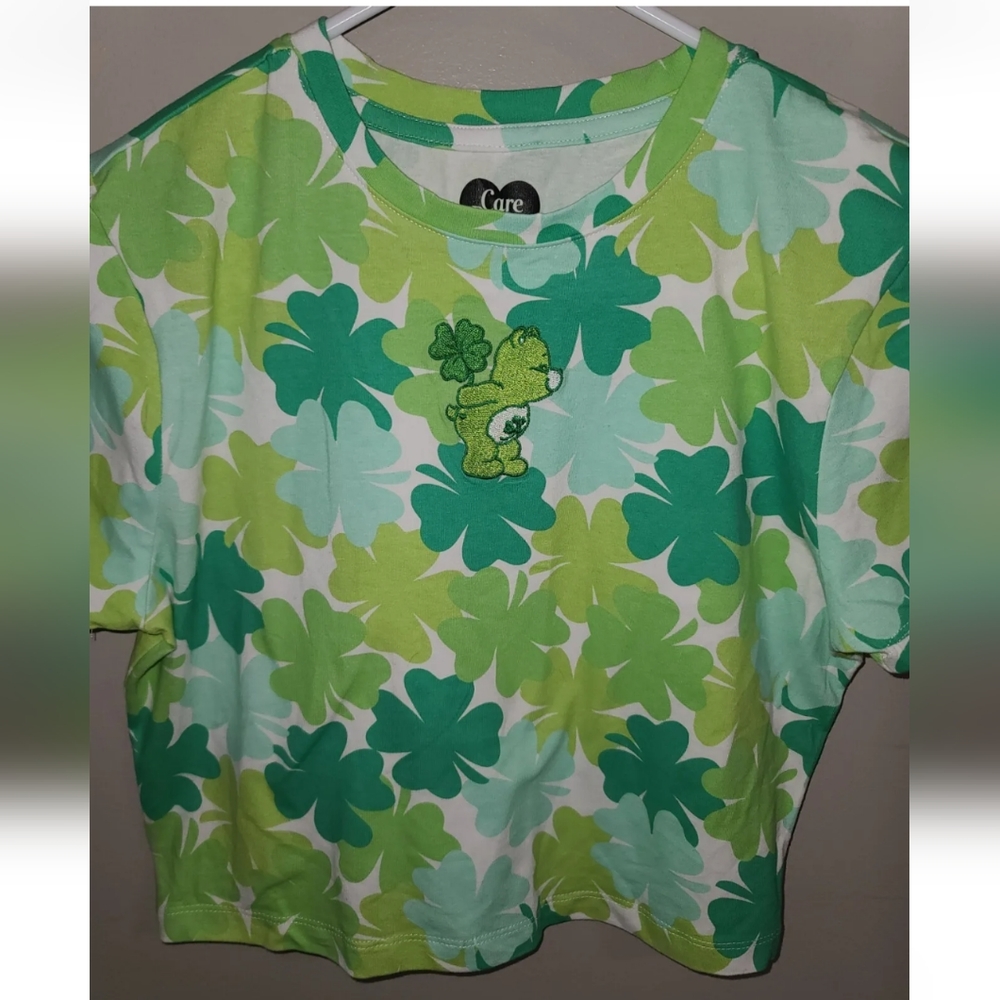 NWT st patrick's  day CARE BEARS SHAMROCK LUCKY bear  CROPPED TOP - Picture 2 of 2